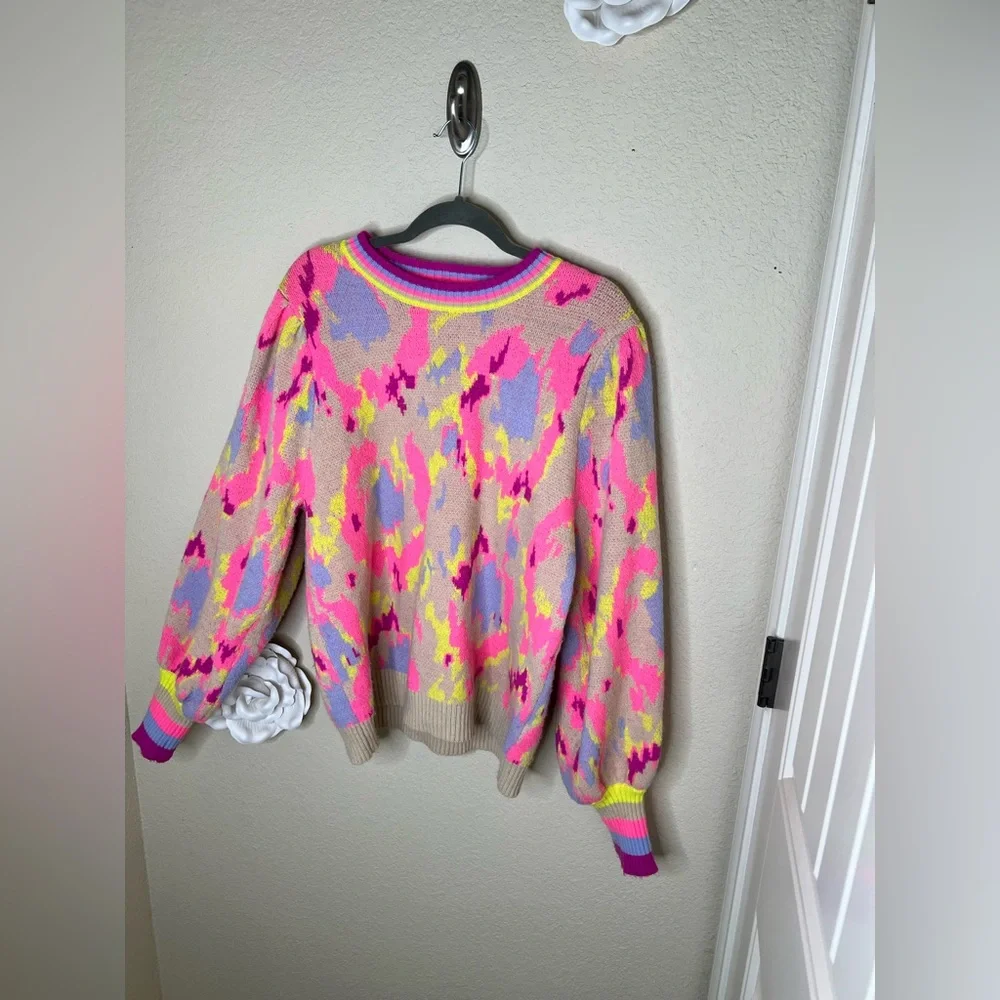 NTM Jodifl Abstract Print Sweater Neon Pink Taupe Balloon Sleeve Pullover Size L - Picture 7 of 16